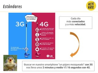 Cada día
más conectados
y a más velocidad.
Buscar en nuestro smartphone “un pájaro mosqueado” con 3G
nos lleva unos 2 minutos y medio VS 16 segundos con 4G.
Estándares
 