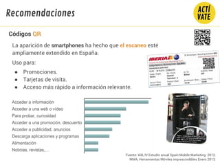 La aparición de smartphones ha hecho que el escaneo esté
ampliamente extendido en España.
Uso para:
● Promociones.
● Tarje...