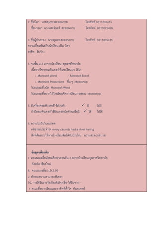 2. ชื่อบิดา นายสุนทร สะออนกาย โทรศัพท์ 0811805415
ชื่อมารดา นางแสงจันทร์ สะออนกาย โทรศัพท์ 0810275479
3. ชื่อผู้ปกครอง นายสุนทร สะออนกาย โทรศัพท์ 0811805415
ความเกี่ยวพันธ์กับนักเรียน เป็น บิดา
อาชีพ รับจ้าง
4. จบชั้น ม.3 มาจากโรงเรียน ยุพราชวิทยาลัย
เนื้อหา/วิชาคอมพิวเตอร์ ที่เคยเรียนมา ได้แก่
/ Microsoft Word / Microsoft Excel
/ Microsoft Powerpoint อื่น ๆ photoshop
โปรแกรมที่ถนัด Microsoft Word
โปรแกรมที่อยากให้โรงเรียนจัดการเรียนการสอน photoshop
5. มีเครื่องคอมพิวเตอร์ใช้ส่วนตัว  มี ไม่มี
ถ้ามีคอมพิวเตอร์ ใช้อินเทอร์เน็ตด้วยหรือไม่  ใช้ ไม่ใช้
6. ความใฝ่ฝันในอนาคต
คติธรรมประจาใจ every clounds had a silver linning
สิ่งที่ต้องการให้ทางโรงเรียนจัดให้กับนักเรียน ความสะดวกสบาย
ข้อมูลเพิ่มเติม
7. คะแนนเฉลี่ยมัธยมศึกษาตอนต้น.3.86จากโรงเรียน.ยุพราชวิทยาลัย
จังหวัด เชียงใหม่
8. คะแนนเฉลี่ย ม.5.3.56
9. ทักษะ/ความสามารถพิเศษ-
10. การได้รับรางวัลเกียรติบัตร(ชื่อ-ได้รับจาก) -
11คณะที่อยากเรียนและอาชีพที่ตั้งใจ ทันตแพทย์
 