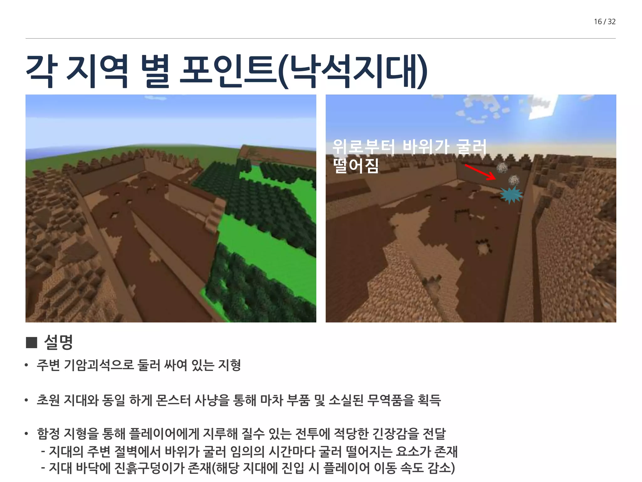 각 지역 별 포인트(낙석지대) 
16 / 32 
■ 설명 
• 주변 기암괴석으로 둘러 싸여 있는 지형 
위로부터 바위가 굴러 
떨어짐 
• 초원 지대와 동일 하게 몬스터 사냥을 통해 마차 부품 및 소실된 무역품을 획득 
• 함정 지형을 통해 플레이어에게 지루해 질 수 있는 전투에 적당한 긴장감을 전달 
- 지대의 주변 절벽에서 바위가 굴러 임의의 시간마다 굴러 떨어지는 요소가 존재 
- 지대 바닥에 진흙구덩이가 존재(해당 지대에 진입 시 플레이어 이동 속도 감소) 
 