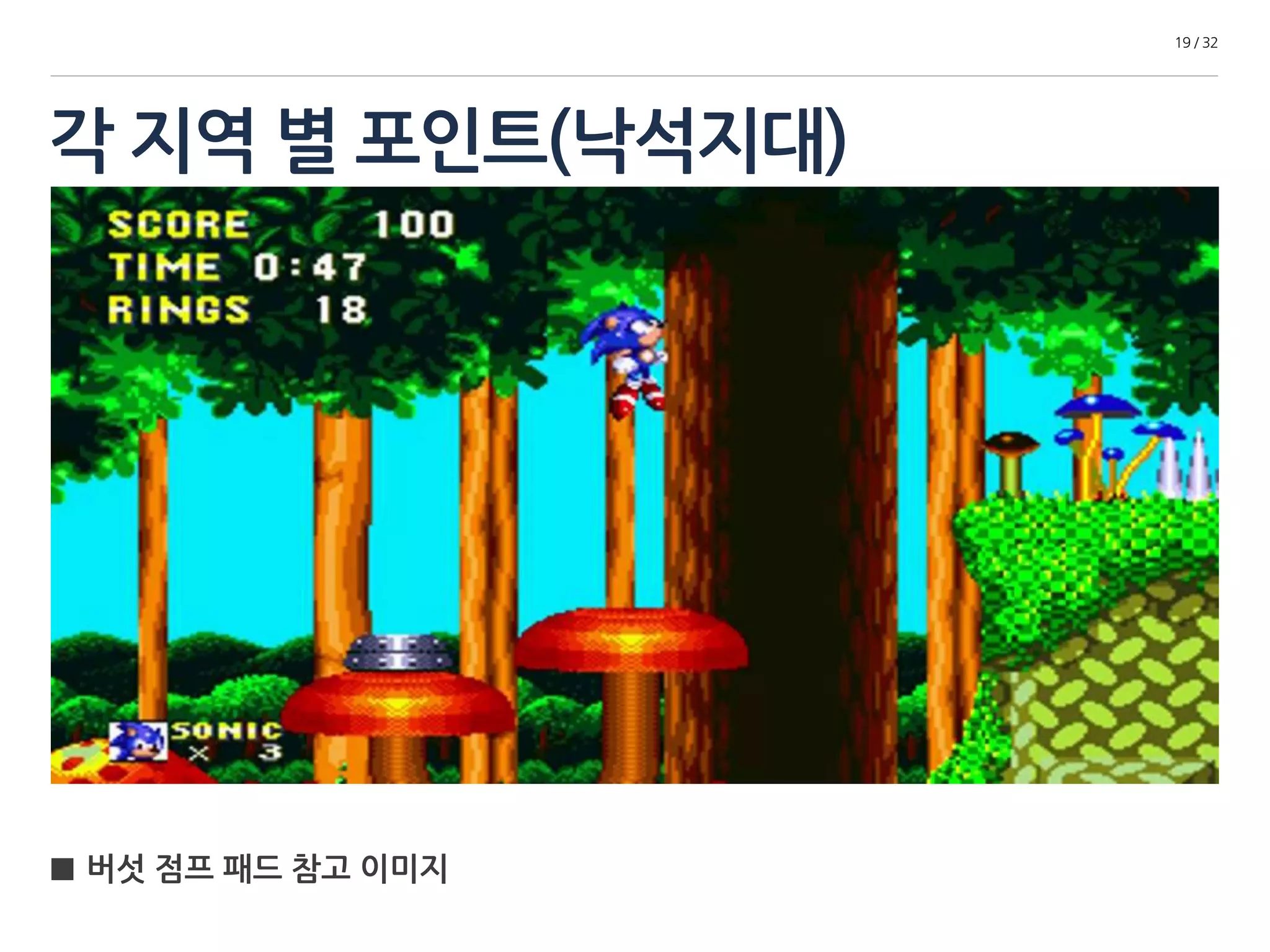 각 지역 별 포인트(낙석지대) 
19 / 32 
■ 버섯 점프 패드 참고 이미지 
 