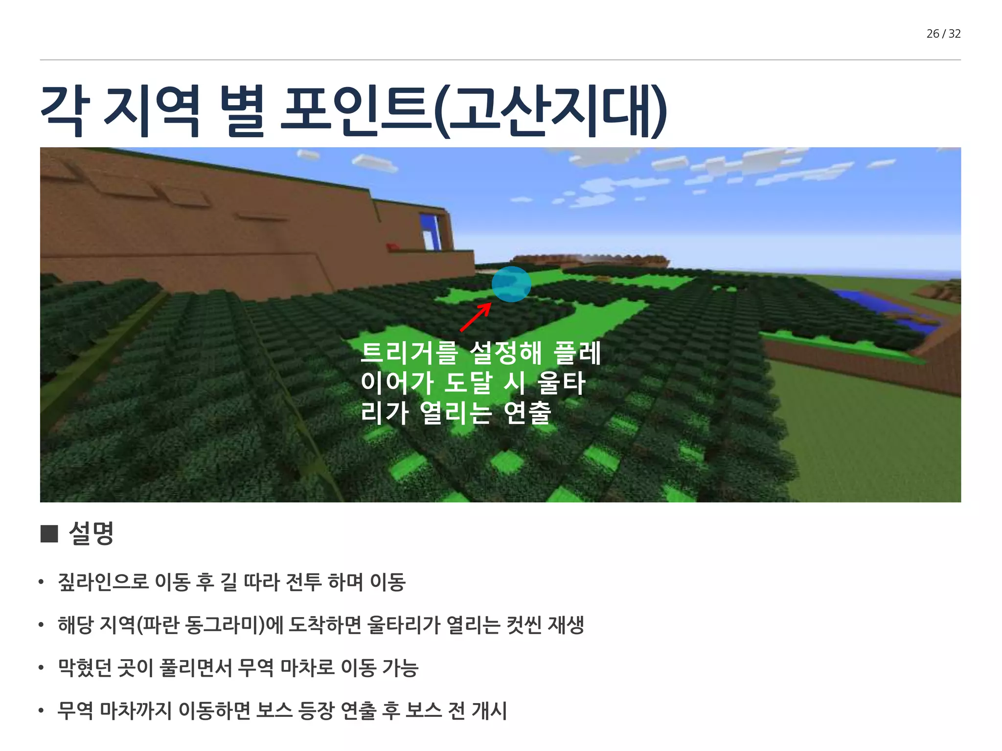 각 지역 별 포인트(고산지대) 
26 / 32 
■ 설명 
트리거를 설정해 플레 
이어가 도달 시 울타 
리가 열리는 연출 
• 짚 라인으로 이동 후 길 따라 전투 하며 이동 
• 해당 지역(파란 동그라미)에 도착하면 울타리가 열리는 컷 씬 재생 
• 막혔던 곳이 풀리면서 무역 마차로 이동 가능 
• 무역 마차까지 이동하면 보스 등장 연출 후 보스 전 개시 
 