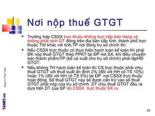 MạngTriThứcThuế
Nơi nộp thuế GTGT
 Trường hợp CSSX trực thuộc không trực tiếp bán hàng và
không phát sinh DT đóng trên địa bàn cấp tỉnh, thành phố trực
thuộc TW khác với tỉnh,TP nơi đóng trụ sở chính thì:
 Nếu CSSX trực thuộc có thực hiện hạch toán kế toán thì phải
ĐK nộp thuế GTGT theo PPKT tại ĐP nơi SX, khi điều chuyển
bán thành phẩm/TP (kể cả xuất cho trụ sở chính) phải lậpHĐ
GTGT.
 Nếu không TH hạch toán kế toán thì CS trực thuộc phải chịu
thuế GTGT với thuế suất ấn định 2% (đối với HH có TS 10%)
hoặc 1% (đối với HH có TS 5%) tại ĐP nơi CSSX trực thuộc
hoạt động. Số thuế GTGT này sẽ được cấn trừ vào số thuế
GTGT phải nộp của trụ sở chính. DT chịu thuế GTGT đầu ra
dựa trên DT của SP do CSSX trực thuộc SX ra.
25
 