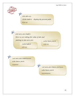 Say Hello to Java
22
>Set abc=123
>Echo %abc%; display the present path.
O/p 123
>Set new_env=%abc%
Here we are taking the value of abc and
putting in into new_env.
>echo %abc%
o/p 123
>echo %new_env%
o/p 123
>set new_env=%abc%;0000
echo %new_env%
123;0000
>set new_env=%new_env%;1111
echo %new_env%
123.0000;1111
 