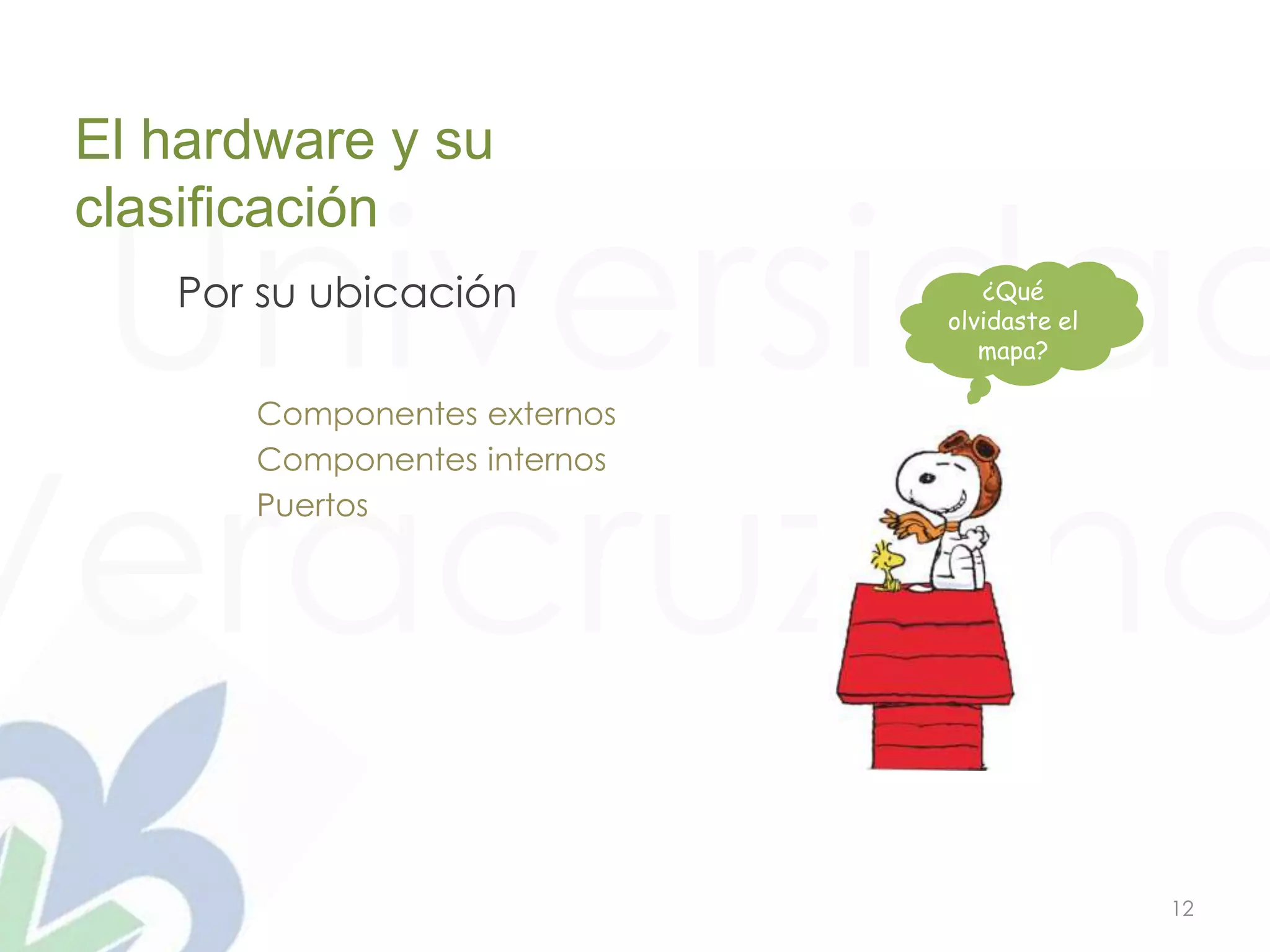 Universidad
Veracruzana
12
El hardware y su
clasificación
Por su ubicación
Componentes externos
Componentes internos
Puertos
¿Qué
olvidaste el
mapa?
 