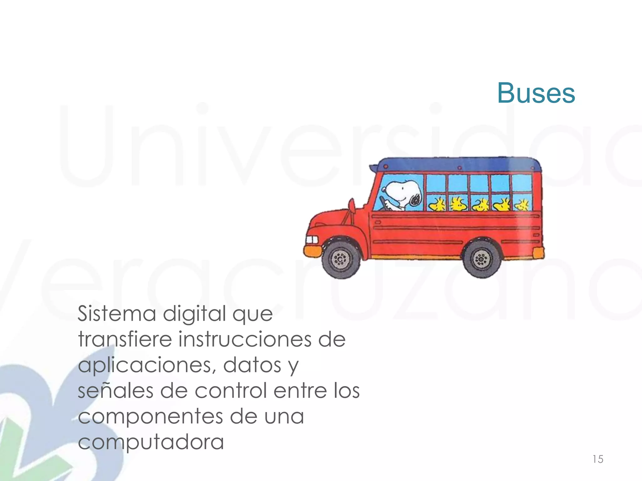 Universidad
Veracruzana
15
Buses
Sistema digital que
transfiere instrucciones de
aplicaciones, datos y
señales de control entre los
componentes de una
computadora
 