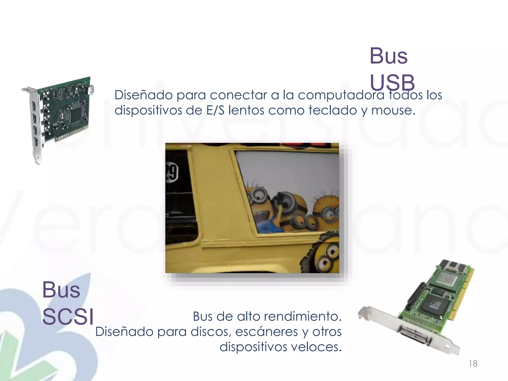 Universidad
Veracruzana
18
Bus
USBDiseñado para conectar a la computadora todos los
dispositivos de E/S lentos como teclado y mouse.
Bus
SCSI Bus de alto rendimiento.
Diseñado para discos, escáneres y otros
dispositivos veloces.
 