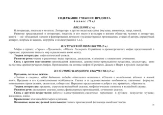 18
СОДЕРЖАНИЕ УЧЕБНОГО ПРЕДМЕТА
6 к л а с с (70 ч.)
ВВЕДЕНИЕ (1 ч.)
О литературе, писателе и читателе. Литература и другие виды искусства (музыка, живопись, театр, кино).
Развитие представлений о литературе; писатель и его место в культуре и жизни общества; человек и литература;
книга — не- обходимый элемент в формировании личности (художественное произведение, статьи об авторе, справочный
аппарат, вопросы и задания, портреты и иллюстрации и т.д.).
ИЗ ГРЕЧЕСКОЙ МИФОЛОГИИ (2 ч.)
Мифы о героях: «Герои», «Прометей», «Яблоки Гесперид». Отражение в древнегреческих мифах представлений о
героизме, стремление познать мир и реализовать свою мечту.
Теория литературы: мифологический сюжет.
Развитие речи: чтение и различные виды пересказа, дискуссия, изложение с элементами сочинения.
Связь с другими искусствами: произведения живописи, декоративно-прикладного искусства, скульптуры, кино
на мотивы древнегреческих мифов. Произведения на мотивы мифов о Прометее, Дедале и Икаре в русском искусстве.
ИЗ УСТНОГО НАРОДНОГО ТВОРЧЕСТВА (2 ч.)
Предания, легенды, сказки.
«Солдат и смерть», «Как Бадыноко победил одноглазого великана», «Сказка о молодильных яблоках и живой
воде». Предание и его художественные особенности. Сказка и ее художественные особенности, сказочные формулы,
помощники героев сказки, сказители, собиратели. Народные представления о добре и зле; краткость, образность.
Теория литературы: предание, структура волшебной сказки, мифологические элементы в волшебной сказке.
Развитие речи: сказывание сказки, запись фольклорных произведений, сочинение сказки.
Связь с другими искусствами: работа с иллюстрациями; сказочные персонажи в русском искусстве: музыке,
живописи, кино.
Краеведение: сказки о богатырях в регионе.
Возможные виды внеурочной деятельности: запись произведений фольклора своей местности.
 