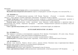 23
персонажа.
Связь с другими искусствами: работа с иллюстрациями, устное рисование.
Возможные виды внеурочной деятельности: встреча в литературной гостиной «Я думаю, что я поступил бы...».
А.П. ЧЕХОВ (3 ч.)
Сатирические и юмористические рассказы А.П. Чехова. Рассказы «Толстый и тонкий», «Шуточка»,
«Налим»: темы, приемы создания характеров персонажей. Отношение автора к героям.
Теория литературы: юмор, юмористическая ситуация, конфликт в юмористическом произведении (развитие и
углубление представлений); деталь и ее художественная роль в юмористическом произведении.
Развитие речи: выразительное чтение, различные виды пересказа, подбор афоризмов и крылатых фраз из
произведений А.П. Чехова; творческая мастерская — написание юмористического рассказа на заданную тему (или
создание диафильма).
Связь с другими искусствами: работа с иллюстрациями, составление кадров для диафильма.
ИЗ РУССКОЙ ЛИТЕРАТУРЫ XX ВЕКА
И.А. БУНИН (2 ч.)
Мир природы и человека в стихотворениях и рассказах И.А. Бунина. Стихотворение «Не видно птиц. Покорно
чахнет...», рассказ «Лапти». Душа крестьянина в изображении писателя.
Теория литературы: стили речи и их роль в создании художественного образа.
Развитие речи: составление словаря языка персонажа, чтение наизусть, письменный отзыв об эпизоде.
А.И. КУПРИН (3 ч.)
Детские годы писателя. Повесть «Белый пудель», рассказ «Тапёр». Основные темы и характеристики образов.
Внутренний мир человека и приемы его художественного раскрытия.
Теория литературы: рождественский рассказ.
Развитие речи: различные виды пересказа, письменный отзыв об эпизоде.
Связь с другими искусствами: подбор музыкальных произведений, созвучных рассказам А.И. Куприна.
 