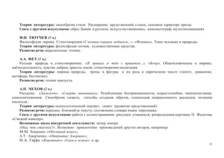 35
Теория литературы: своеобразие стиля. Расширение представлений о сказе, сказовом характере прозы.
Связь с другими искусствами: образ Левши в русском искусстве (живопись, кинематограф, мультипликация).
Ф.И. ТЮТЧЕВ (1 ч.)
Философская лирика. Стихотворения «С поляны коршун поднялся…», «Фонтан». Темы человека и природы.
Теория литературы: философская поэзия, художественные средства.
Развитие речи: выразительно чтение.
А.А. ФЕТ (1 ч.)
Русская природа в стихотворениях: «Я пришел к тебе с приветом…», «Вечер». Общечеловеческое в лирике;
наблюдательность, чувства добрые; красота земли; стихотворение-медитация.
Теория литературы: лирика природы, тропы и фигуры и их роль в лирическом тексте (эпитет, сравнение,
метафора, бессоюзие).
Развитие речи: чтение наизусть.
А.П. ЧЕХОВ (2 ч.)
Рассказы: «Хамелеон», «Смерть чиновника». Разоблачение беспринципности, корыстолюбия, чинопочитания,
самоуничижения. Своеобразие сюжета, способы создания образов, социальная направленность рассказов; позиция
писателя.
Теория литературы: психологический портрет, сюжет (развитие представлений).
Развитие речи: пересказ, близкий к тексту; составление словаря языка персонажа.
Связь с другими искусствами: работа с иллюстрациями, рисунки учащихся; репродукция картины П. Федотова
«Свежий кавалер».
Возможные виды внеурочной деятельности: вечер юмора
«Над чем смеетесь?». Возможно привлечение произведений других авторов, например:
М.М. Зощенко. «Обезьяний язык»;
А.Т. Аверченко. «Открытие Америки»;
Н.А. Тэффи. «Воротник», «Свои и чужие» и др.
 