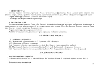 54
У. ШЕКСПИР (2 ч.)
Краткие сведения о писателе. Трагедия «Ромео и Джульетта» (фрагменты). Певец великих чувств и вечных тем
(жизнь, смерть, любовь, проблема отцов и детей). Сценическая история пьесы, «Ромео и Джульетта» на русской сцене.
Теория литературы: трагедия (основные признаки жанра).
Связь с другими искусствами: история театра.
М. СЕРВАНТЕС (3 ч.)
Краткие сведения о писателе. Роман «Дон Кихот»: основная проблематика (идеальное и обыденное, возвышенное и
приземленное, мечта и действительность) и художественная идея романа. Образ Дон Кихота. Позиция писателя. Тема
Дон Кихота в русской литературе. Донкихотство.
Теория литературы: роман, романный герой.
Развитие речи: дискуссия, различные формы пересказа, сообщения учащихся.
ДЛЯ ЗАУЧИВАНИЯ НАИЗУСТЬ
Г.Р. Державин. «Памятник».
В.А. Жуковский. «Невыразимое». А.С. Пушкин. «И.И. Пущину».
М.Ю. Лермонтов. «Мцыри» (отрывок).
Н.А. Некрасов. «Внимая ужасам войны…». А.А. Фет. Одно из стихотворений (по выбору).
В.В. Маяковский. Одно из стихотворений (по выбору). Н.А. Заболоцкий. «Некрасивая девочка».
М.В. Исаковский. Одно из стихотворений (по выбору). А.Т. Твардовский. «За далью — даль» (отрывок).
ДЛЯ ДОМАШНЕГО ЧТЕНИЯ
Из устного народного творчества
«В темном лесе, в темном лесе...», «Уж ты ночка, ты ноченька темная...», «Ивушка, ивушка, зеленая моя!..».
Из древнерусской литературы
 