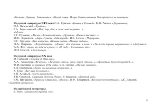 55
«Моление Даниила Заточника», «Поход князя Игоря Святославовича Новгородского на половцев».
Из русской литературы ХIХ века И.А. Крылов. «Кошка и Соловей». К.Ф. Рылеев. «Державин».
П.А. Вяземский. «Тройка».
Е.А. Баратынский. «Мой дар убог, и голос мой негромок...»,
«Муза».
А.С. Пушкин. «Муза», «Золото и булат», «Друзьям», «Вновь я посетил...».
М.Ю. Лермонтов. «Дары Терека», «Маскарад». Н.В. Гоголь. «Портрет».
И.С. Тургенев. «Три встречи», «Вешние воды», «Первая любовь».
Н.А. Некрасов. «Коробейники», «Душно! без счастья и воли...», «Ты всегда хороша несравненно...», «Дедушка».
А.А. Фет. «Буря на небе вечернем...», «Я жду... Соловьиное эхо».
Л.Н. Толстой. «Холстомер».
Из русской литературы ХХ века
М. Горький. «Сказки об Италии».
А.А. Ахматова. «Вечером», «Вечерние столы, часы перед столом...», «Проводила друга до передней...».
М.И. Цветаева. «Генералам 1812 года». С.А. Есенин. «Письмо матери».
Б.Л. Пастернак. «Быть знаменитым некрасиво...»
А. Грин. «Бегущая по волнам».
В.П. Астафьев. «Ангел-хранитель».
Я.В. Смеляков. «Хорошая девочка Лида». В. Шаламов. «Детский сад».
В.М. Шукшин. «Гринька Малюгин», «Волки». В.Ф. Тендряков. «Весенние перевертыши». Д.С. Лихачев.
«Заметки о русском».
Из зарубежной литературы
В. Гюго. «Девяносто третий год».
 