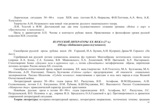61
Лирическая ситуация 50—80-х годов XIX века (поэзия Н.А. Некрасова, Ф.И.Тютчева, А.А. Фета, А.К.
Толстого).
Творчество А.Н. Островского как новый этап развития русского национального театра.
Л.Н. Толстой и Ф.М. Достоевский как два типа художественного сознания (романы «Война и мир» и
«Преступление и наказание»).
Проза и драматургия А.П. Чехова в контексте рубежа веков. Нравственные и философские уроки русской
классики XIX столетия.
ИЗ РУССКОЙ ЛИТЕРАТУРЫ XX ВЕКА (27 ч.)
(Обзор с обобщением ранее изученного)
Своеобразие русской прозы рубежа веков (М. Горький, И.А. Бунин, А.И. Куприн). Драма М. Горького «На
дне»).
Серебряный век русской поэзии (символизм, акмеизм, фу- туризм). Многообразие поэтических голосов эпохи
(лирика А.А. Блока, С.А. Есенина, В.В. Маяковского, А.А. Ахматовой, М.И. Цветаевой, Б.Л. Пастернака).
Стихотворение Блока «Девушка пела в церковном хоре…», поэма «Двенадцать»: метафорические образы, лирическая
летопись истории России начала XX столетия.
Своеобразие отечественной прозы первой половины XX века (творчество А.Н.Толстого, М.А. Булгакова, М.А.
Шолохова, А.П. Платонова). Повесть Булгакова «Собачье сердце»: предупреждение об опасности социальных
экспериментов. Рассказ Шолохова «Судьба человека»: повествование о трагедии и под- виге народа в годы Великой
Отечественной войны.
Литературный процесс 50—80-х годов (проза В.Г. Распутина, В.П. Астафьева, В.М.Шукшина, А.И.
Солженицына, поэзия Е.А. Евтушенко, Н.М. Рубцова, Б.Ш.Окуджавы, В.С. Высоцкого). Рассказ Солженицына
«Матренин двор»: праведнический характер русской крестьянки.
Новейшая русская проза и поэзия 80—90-х годов (произведения В.П. Астафьева, В.Г. Распутина, Л.С.
Петрушевской, В.О. Пелевина и др., лирика И.А. Бродского, О.А.Седаковой и др.). Противоречивость и драматизм
современной литературной ситуации.
Теория литературы: историко-литературный процесс, литературное направление, поэтическое течение, традиции
 