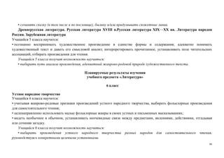 86
• сочинять сказку (в том числе и по пословице), былину и/или придумывать сюжетные линии.
Древнерусская литература. Русская литература XVIII в.Русская литература XIX—XX вв. Литература народов
России. Зарубежная литература
Учащийся 5 класса научится:
• осознанно воспринимать художественное произведение в единстве формы и содержания; адекватно понимать
художественный текст и давать его смысловой анализ; интерпретировать прочитанное, устанавливать поле читательских
ассоциаций, отбирать произведения для чтения.
Учащийся 5 класса получит возможность научиться:
• выбирать путь анализа произведения, адекватный жанрово-родовой природе художественного текста.
Планируемые результаты изучения
учебного предмета «Литература»
6 класс
Устное народное творчество
Учащийся 6 класса научится:
• учитывая жанрово-родовые признаки произведений устного народного творчества, выбирать фольклорные произведения
для самостоятельного чтения;
• целенаправленно использовать малые фольклорные жанры в своих устных и письменных высказываниях;
• видеть необычное в обычном, устанавливать неочевидные связи между предметами, явлениями, действиями, отгадывая
или сочиняя загадку.
Учащийся 6 класса получит возможность научиться:
• выбирать произведения устного народного творчества разных народов для самостоятельного чтения,
руководствуясь конкретными целевыми установками.
 
