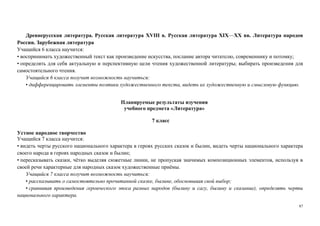 87
Древнерусская литература. Русская литература XVIII в. Русская литература XIX—XX вв. Литература народов
России. Зарубежная литература
Учащийся 6 класса научится:
• воспринимать художественный текст как произведение искусства, послание автора читателю, современнику и потомку;
• определять для себя актуальную и перспективную цели чтения художественной литературы; выбирать произведения для
самостоятельного чтения.
Учащийся 6 класса получит возможность научиться:
• дифференцировать элементы поэтики художественного текста, видеть их художественную и смысловую функцию.
Планируемые результаты изучения
учебного предмета «Литература»
7 класс
Устное народное творчество
Учащийся 7 класса научится:
• видеть черты русского национального характера в героях русских сказок и былин, видеть черты национального характера
своего народа в героях народных сказок и былин;
• пересказывать сказки, чётко выделяя сюжетные линии, не пропуская значимых композиционных элементов, используя в
своей речи характерные для народных сказок художественные приёмы.
Учащийся 7 класса получит возможность научиться:
• рассказывать о самостоятельно прочитанной сказке, былине, обосновывая свой выбор;
• сравнивая произведения героического эпоса разных народов (былину и сагу, былину и сказание), определять черты
национального характера.
 