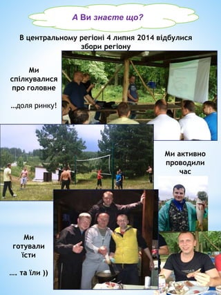 ВА Ви знаєте що? в
В центральному регіоні 4 липня 2014 відбулися
збори регіону
Ми
спілкувалися
про головне
…доля ринку!
Ми активно
проводили
час
Ми їли ))
Ми
готували
їсти
…. та їли ))
 