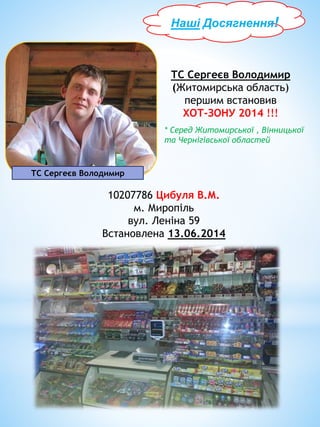 ВВвНаші Досягнення!
ТС Сергеєв Володимир
(Житомирська область)
першим встановив
ХОТ-ЗОНУ 2014 !!!
ТС Сергеєв Володимир
* Серед Житомирської , Вінницької
та Чернігівської областей
10207786 Цибуля В.М.
м. Миропіль
вул. Леніна 59
Встановлена 13.06.2014
 