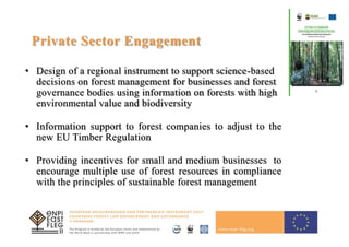 13
Private Sector Engagement
• Design of a regional instrument to support science-based
decisions on forest management for businesses and forest
governance bodies using information on forests with high
environmental value and biodiversity
• Information support to forest companies to adjust to the
new EU Timber Regulation
• Providing incentives for small and medium businesses to
encourage multiple use of forest resources in compliance
with the principles of sustainable forest management
 