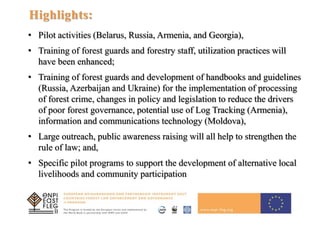 8
Highlights:
• Pilot activities (Belarus, Russia, Armenia, and Georgia),
• Training of forest guards and forestry staff, utilization practices will
have been enhanced;
• Training of forest guards and development of handbooks and guidelines
(Russia, Azerbaijan and Ukraine) for the implementation of processing
of forest crime, changes in policy and legislation to reduce the drivers
of poor forest governance, potential use of Log Tracking (Armenia),
information and communications technology (Moldova),
• Large outreach, public awareness raising will all help to strengthen the
rule of law; and,
• Specific pilot programs to support the development of alternative local
livelihoods and community participation
 