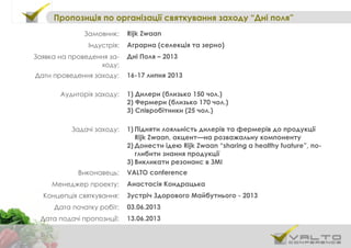 Замовник: Rijk Zwaan
Індустрія: Аграрна (селекція та зерно)
Заявка на проведення за-
ходу:
Дні Поля – 2013
Дати проведення заходу: 16-17 липня 2013
Аудиторія заходу: 1) Дилери (близько 150 чол.)
2) Фермери (близько 170 чол.)
3) Співробітники (25 чол.)
Задачі заходу: 1) Підняти лояльність дилерів та фермерів до продукції
Rijk Zwaan, акцент—на розважальну компоненту
2) Донести ідею Rijk Zwaan “sharing a healthy fuature”, по-
глибити знання продукції
3) Викликати резонанс в ЗМІ
Виконавець: VALTO conference
Менеджер проекту: Анастасія Кондрацька
Концепція святкування: Зустріч Здорового Майбутнього - 2013
Дата початку робіт: 03.06.2013
Дата подачі пропозиції: 13.06.2013
Пропозиція по організації святкування заходу ―Дні поля‖
 