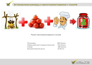 Встановлення рекорду в приготуванні варення з томатів
Рецепт приготування варення з томатів
Помидоры 500 грамм
Перец красный сладкий мясистый 150 грамм
Сахар 300 грамм
Бальзамический уксус 25-30 мл
 