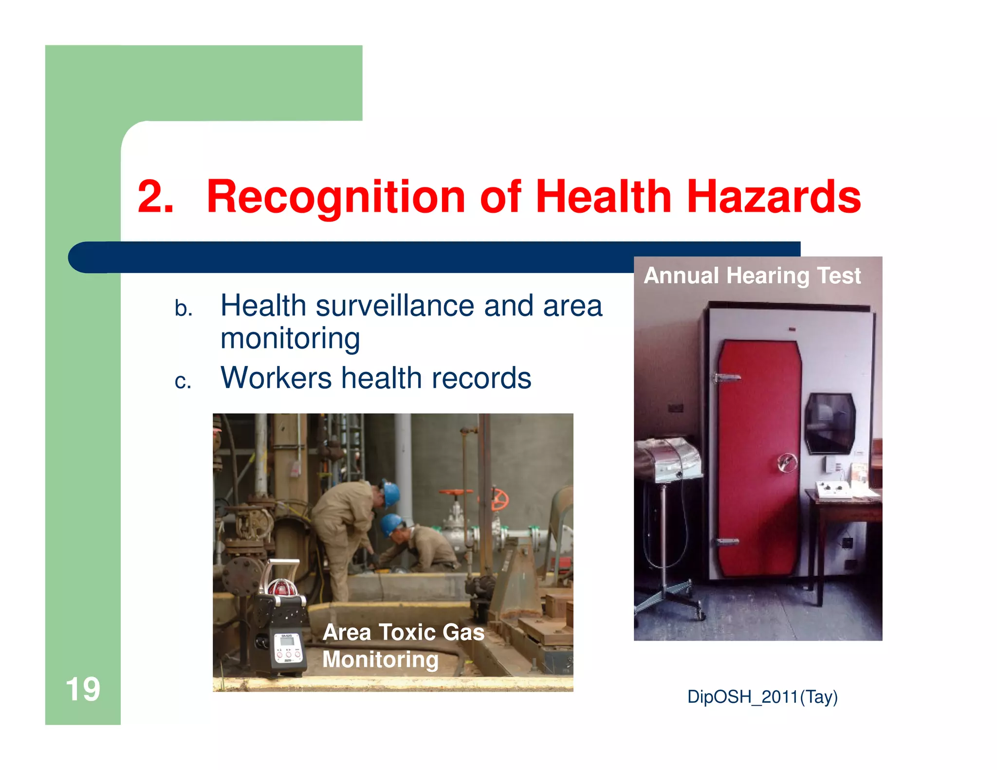 2. Recognition of Health Hazards
b. Health surveillance and area
monitoring
c. Workers health records
Annual Hearing Test
DipOSH_2011(Tay)19
c. Workers health records
Area Toxic Gas
Monitoring
 