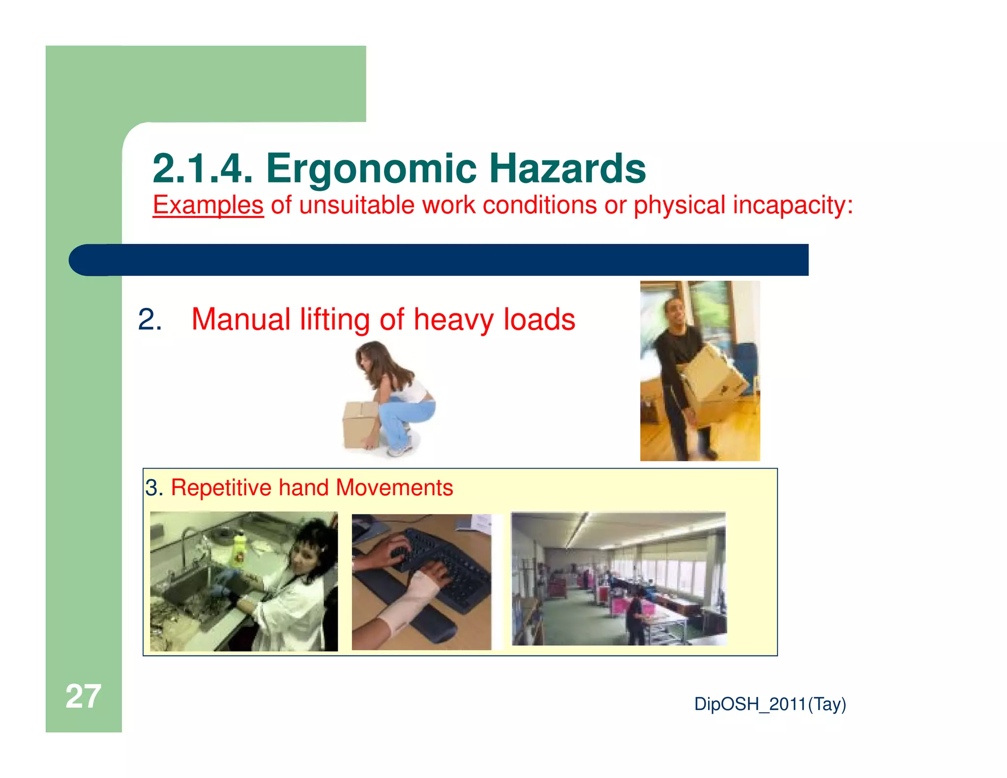 2.1.4. Ergonomic Hazards
Examples of unsuitable work conditions or physical incapacity:
2. Manual lifting of heavy loads
DipOSH_2011(Tay)27
3. Repetitive hand Movements
 