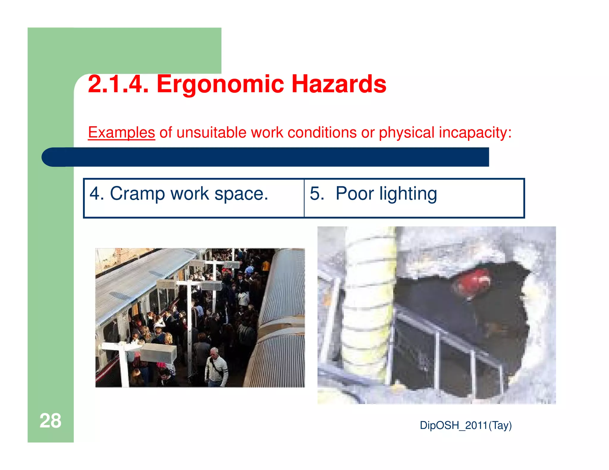 2.1.4. Ergonomic Hazards
Examples of unsuitable work conditions or physical incapacity:
4. Cramp work space. 5. Poor lighting
DipOSH_2011(Tay)28
 