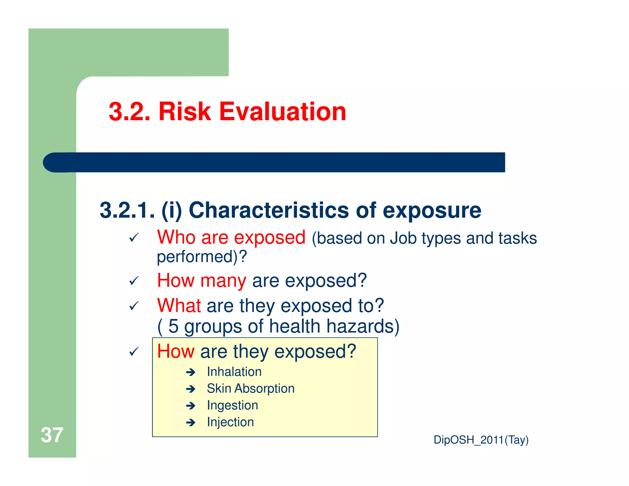 3.2.1. (i) Characteristics of exposure
Who are exposed (based on Job types and tasks
3.2. Risk Evaluation
DipOSH_2011(Tay)37
Who are exposed (based on Job types and tasks
performed)?
How many are exposed?
What are they exposed to?
( 5 groups of health hazards)
How are they exposed?
Inhalation
Skin Absorption
Ingestion
Injection
 