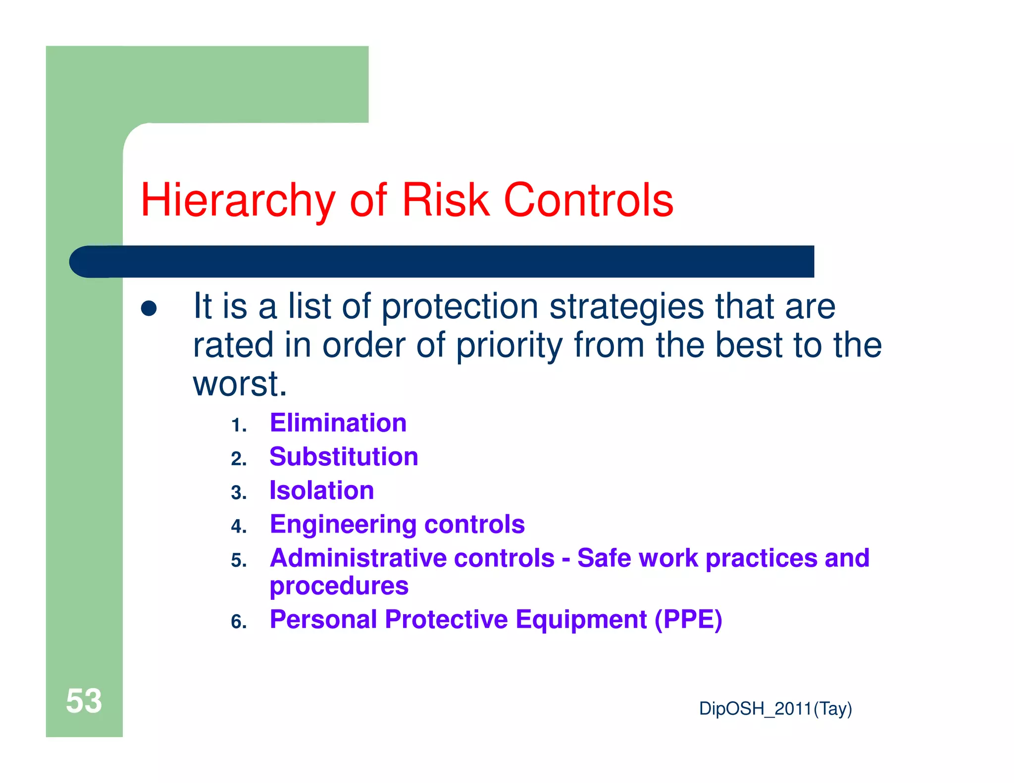 It is a list of protection strategies that are
rated in order of priority from the best to the
worst.
Hierarchy of Risk Controls
DipOSH_2011(Tay)53
worst.
1. Elimination
2. Substitution
3. Isolation
4. Engineering controls
5. Administrative controls - Safe work practices and
procedures
6. Personal Protective Equipment (PPE)
 