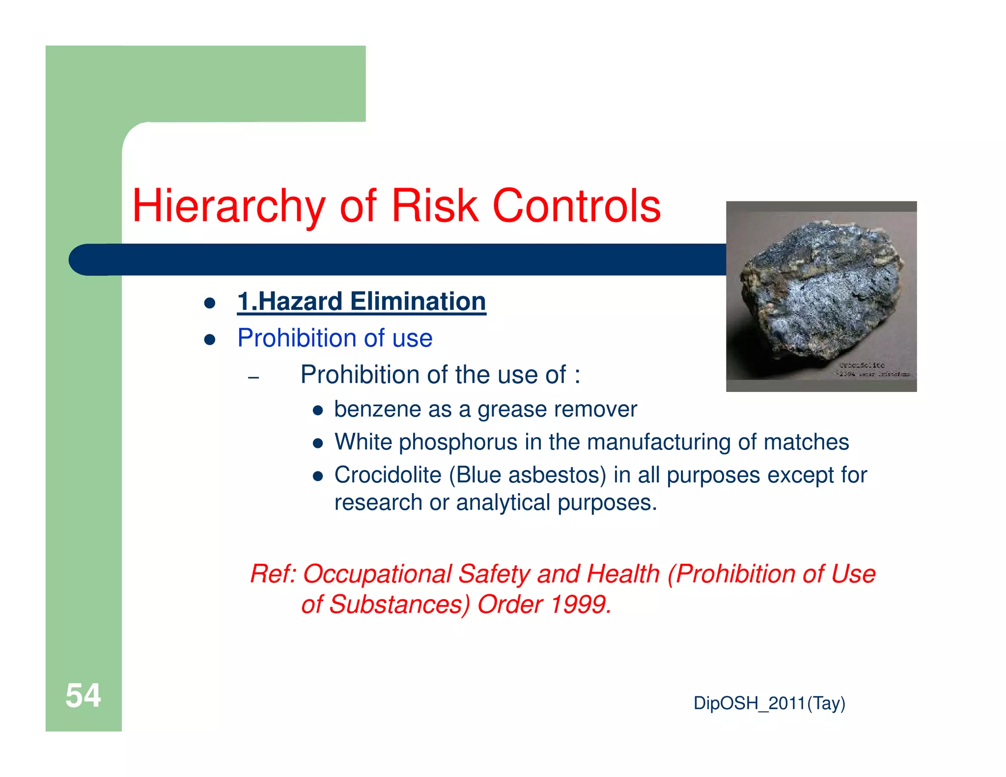 1.Hazard Elimination
Prohibition of use
– Prohibition of the use of :
Hierarchy of Risk Controls
DipOSH_2011(Tay)54
Prohibition of the use of :
benzene as a grease remover
White phosphorus in the manufacturing of matches
Crocidolite (Blue asbestos) in all purposes except for
research or analytical purposes.
Ref: Occupational Safety and Health (Prohibition of Use
of Substances) Order 1999.
 
