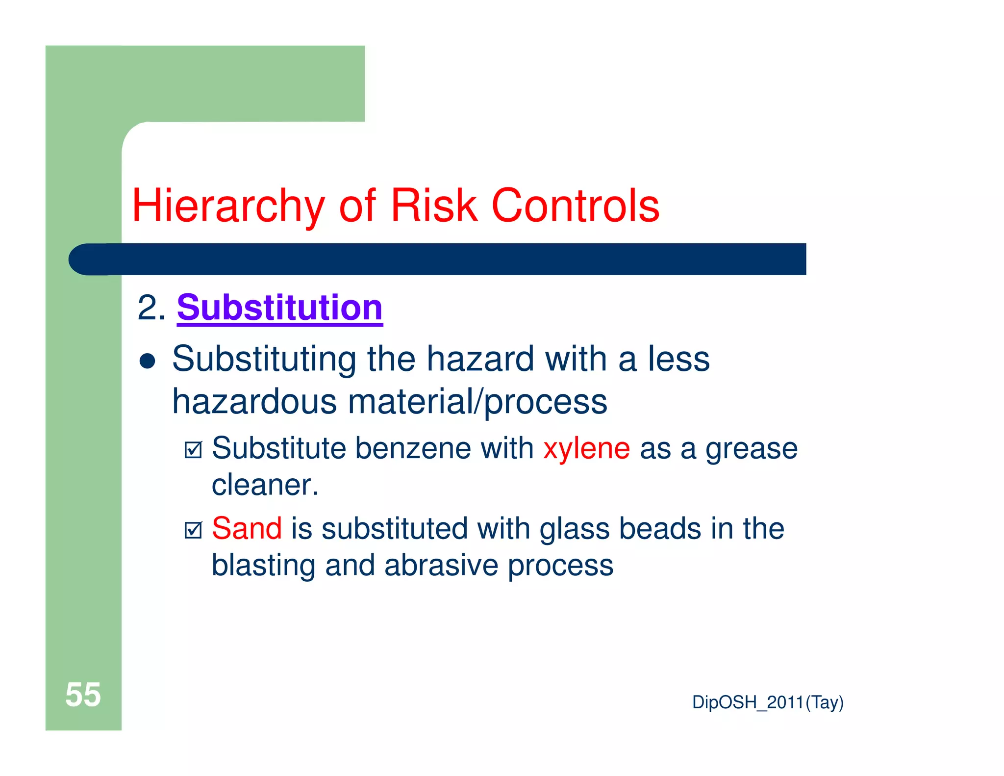 2. Substitution
Substituting the hazard with a less
hazardous material/process
Hierarchy of Risk Controls
DipOSH_2011(Tay)55
hazardous material/process
Substitute benzene with xylene as a grease
cleaner.
Sand is substituted with glass beads in the
blasting and abrasive process
 