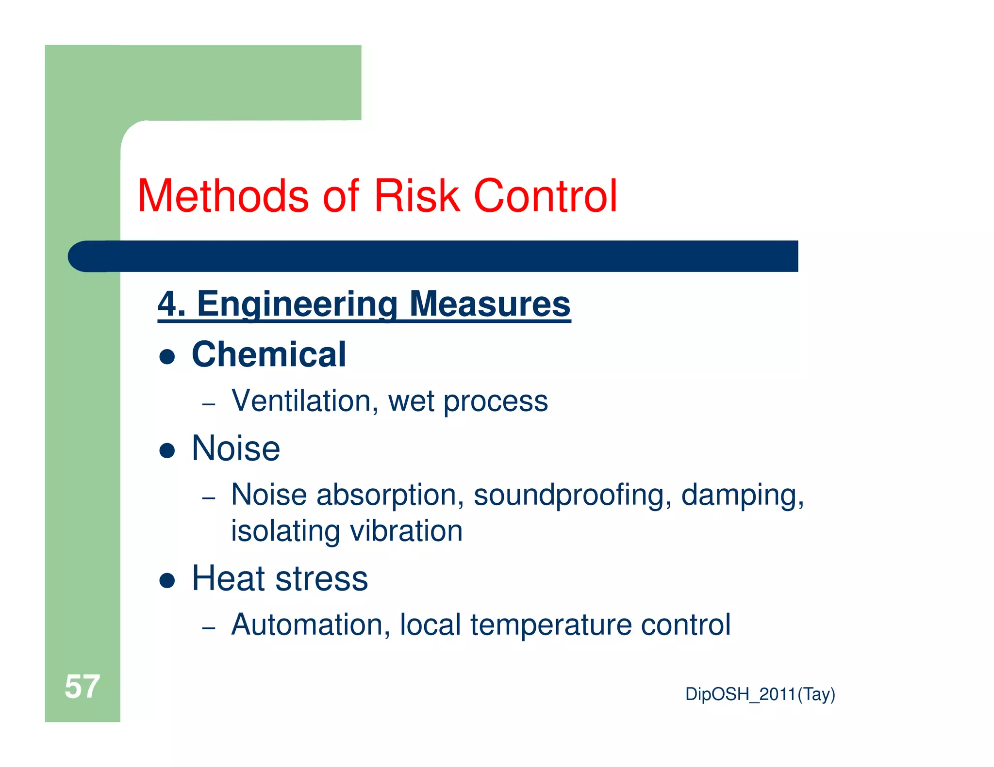 4. Engineering Measures
Chemical
Methods of Risk Control
DipOSH_2011(Tay)57
– Ventilation, wet process
Noise
– Noise absorption, soundproofing, damping,
isolating vibration
Heat stress
– Automation, local temperature control
 