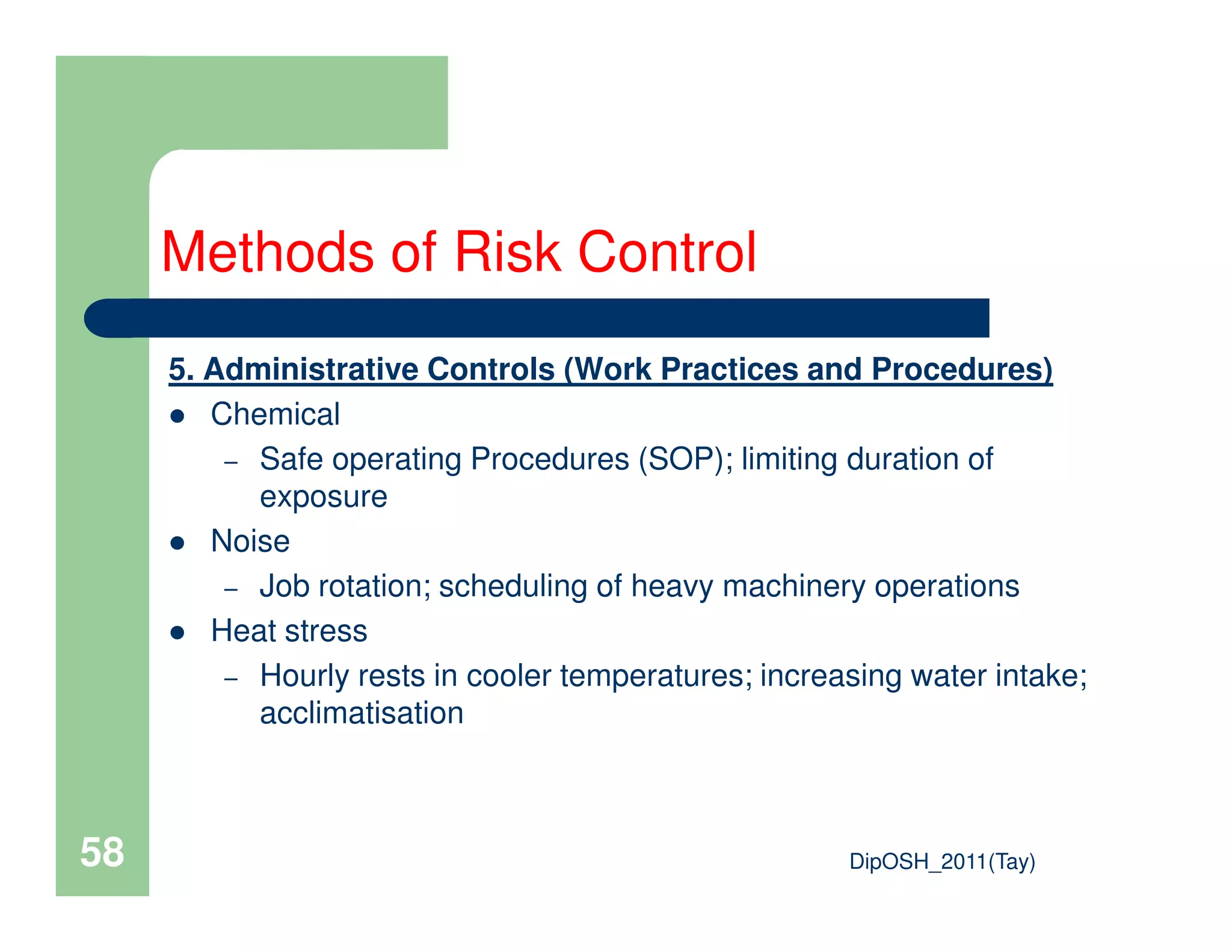 5. Administrative Controls (Work Practices and Procedures)
Chemical
– Safe operating Procedures (SOP); limiting duration of
Methods of Risk Control
DipOSH_2011(Tay)58
Safe operating Procedures (SOP); limiting duration of
exposure
Noise
– Job rotation; scheduling of heavy machinery operations
Heat stress
– Hourly rests in cooler temperatures; increasing water intake;
acclimatisation
 
