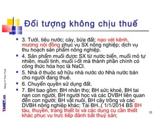 MạngTriThứcThuế
Đối tượng không chịu thuế
 3. Tưới, tiêu nước; cày, bừa đất; nạo vét kênh,
mương nội đồng phục vụ SX nông nghiệp; dịch vụ
thu hoạch sản phẩm nông nghiệp.
 4. Sản phẩm muối được SX từ nước biển, muối mỏ tự
nhiên, muối tinh, muối i-ốt mà thành phần chính có
công thức hóa học là NaCl.
 5. Nhà ở thuộc sở hữu nhà nước do Nhà nước bán
cho người đang thuê.
 6. Chuyển quyền sử dụng đất.
 7. BH bao gồm: BH nhân thọ; BH sức khoẻ, BH tai
nạn con người, BH người học và các DVBH liên quan
đến con người; BH vật nuôi, BH cây trồng và các
DVBH nông nghiệp khác; Tái BH..( 1/1/2014 BS BH
tàu, thuyền, trang thiết bị và các dụng cụ cần thiết
khác phục vụ trực tiếp đánh bắt thuỷ sản;
12
 