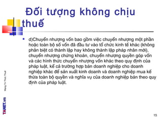 MạngTriThứcThuế
Đối tượng không chịu
thuế
 d)Chuyển nhượng vốn bao gồm việc chuyển nhượng một phần
hoặc toàn bộ số vốn đã đầu tư vào tổ chức kinh tế khác (không
phân biệt có thành lập hay không thành lập pháp nhân mới),
chuyển nhượng chứng khoán, chuyển nhượng quyền góp vốn
và các hình thức chuyển nhượng vốn khác theo quy định của
pháp luật, kể cả trường hợp bán doanh nghiệp cho doanh
nghiệp khác để sản xuất kinh doanh và doanh nghiệp mua kế
thừa toàn bộ quyền và nghĩa vụ của doanh nghiệp bán theo quy
định của pháp luật.
15
 