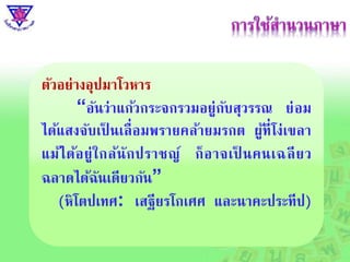 ตัวอย่ำงอุปมำโวหำร
“อันว่ำแก้วกระจกรวมอยู่กับสุวรรณ ย่อม
ได้แสงจับเป็ นเลื่อมพรำยคล้ำยมรกต ผู้ที่โง่เขลำ
แม้ได้อยู่ใกล้นักปรำชญ์ ก็อำจเป็ นคนเฉลียว
ฉลำดได้ฉันเดียวกัน”
(หิโตปเทศ: เสฐียรโกเศศ และนำคะประทีป)
 