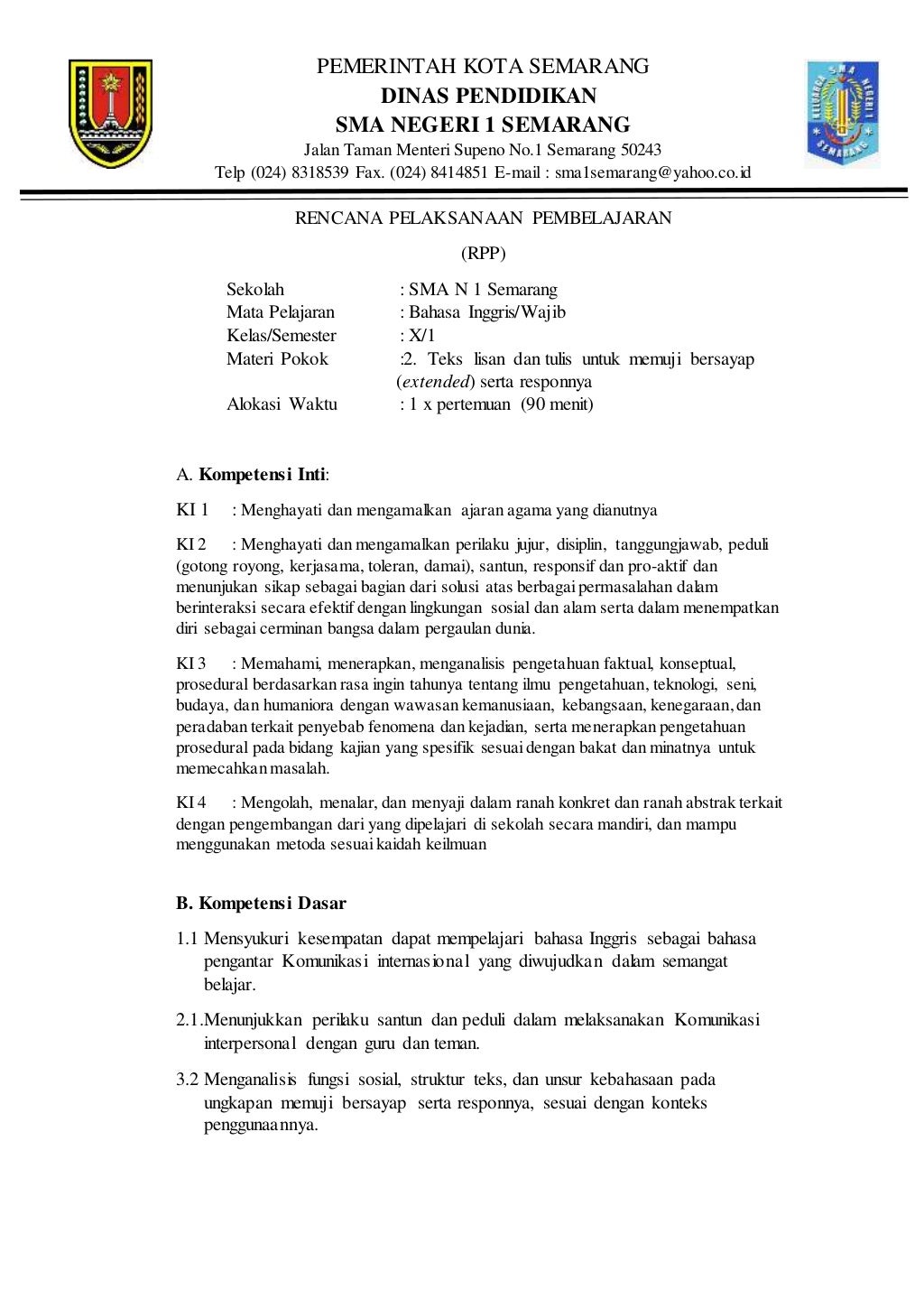 RPP BAHASA INGGRIS MEMUJI BERSAYAP KELAS X KURIKULUM 2013