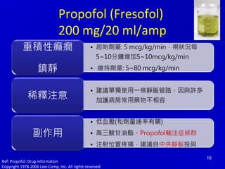 Propofol (Fresofol) 
200 mg/20 ml/amp 
15 
Ref: Propofol: Drug information 
Copyright 1978-2006 Lexi-Comp, Inc. All rights reserved. 
 