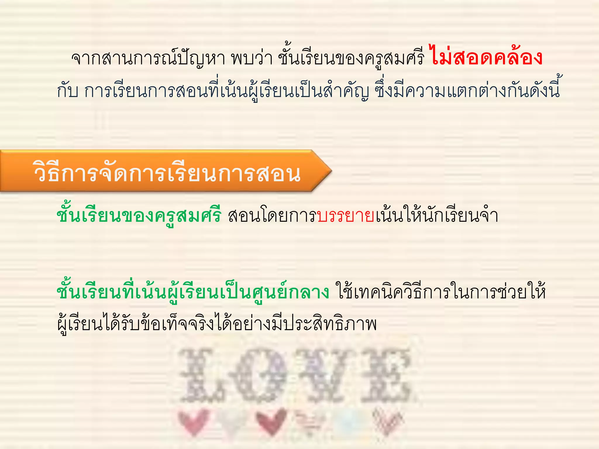 จากสานการณ์ปัญหา พบว่า ชัน้เรียนของครูสมศรี ไม่สอดคล้อง 
กับ การเรียนการสอนที่เน้นผู้เรียนเป็นสาคัญ ซงึ่มีความแตกต่างกันดังนี้ 
วิธีการจัดการเรียนการสอน 
ชั้นเรียนของครูสมศรี สอนโดยการบรรยายเน้นให้นักเรียนจา 
ชั้นเรียนที่เน้นผู้เรียนเป็นศูนย์กลาง ใช้เทคนิควิธีการในการช่วยให้ 
ผู้เรียนได้รับข้อเท็จจริงได้อย่างมีประสิทธิภาพ 
 
