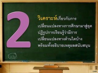 วิเคราะห์เกี่ยวกับการ 
เปลี่ยนแปลงทางการศึกษามาสู่ยุค 
ปฏิรูปการเรียนรู้ว่ามีการ 
เปลี่ยนแปลงทางด้านใดบ้าง 
พร้อมท้งัอธิบายเหตุผลสนับสนุน 
 