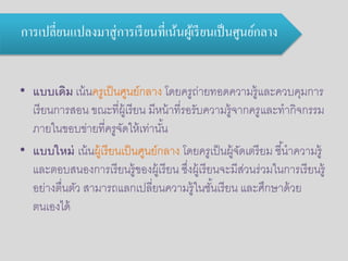 การเปลี่ยนแปลงมาสู่การเรียนที่เน้นผู้เรียนเป็นศูนย์กลาง 
• แบบเดิม เน้นครูเป็นศูนย์กลาง โดยครูถ่ายทอดความรู้และควบคุมการ 
เรียนการสอน ขณะที่ผู้เรียน มีหน้าที่รอรับความรู้จากครูและทากิจกรรม 
ภายในขอบข่ายที่ครูจัดให้เท่านัน้ 
• แบบใหม่ เน้นผู้เรียนเป็นศูนย์กลาง โดยครูเป็นผู้จัดเตรียม ชีน้าความรู้ 
และตอบสนองการเรียนรู้ของผู้เรียน ซงึ่ผู้เรียนจะมีส่วนร่วมในการเรียนรู้ 
อย่างตื่นตัว สามารถแลกเปลี่ยนความรู้ในชัน้เรียน และศึกษาด้วย 
ตนเองได้ 
 
