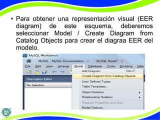 ● Para obtener una representación visual (EER 
diagram) de este esquema, deberemos 
seleccionar Model / Create Diagram from 
Catalog Objects para crear el diagraa EER del 
modelo. 
 