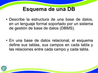 Esquema de una DB 
● Describe la estructura de una base de datos, 
en un lenguaje formal soportado por un sistema 
de gestión de base de datos (DBMS). 
● En una base de datos relacional, el esquema 
define sus tablas, sus campos en cada tabla y 
las relaciones entre cada campo y cada tabla. 
 