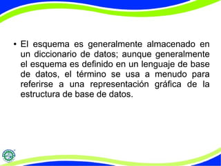 ● El esquema es generalmente almacenado en 
un diccionario de datos; aunque generalmente 
el esquema es definido en un lenguaje de base 
de datos, el término se usa a menudo para 
referirse a una representación gráfica de la 
estructura de base de datos. 
 