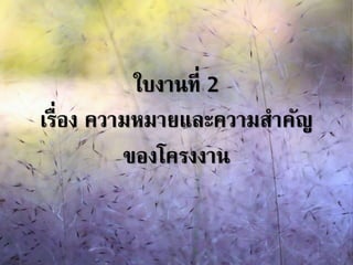 ใบงานที่ 2 
เรื่อง ความหมายและความสาคัญ 
ของโครงงาน 
 