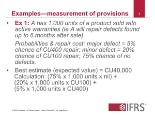 Examples—measurement of provisions 7 
• Ex 1: A has 1,000 units of a product sold with 
active warranties (ie A will repair defects found 
up to 6 months after sale). 
Probabilities & repair cost: major defect = 5% 
chance of CU400 repair; minor defect = 20% 
chance of CU100 repair; 75% chance of no 
defects. 
• Best estimate (expected value) = CU40,000 
Calculation: (75% x 1,000 units x nil) + 
(20% x 1,000 units x CU100) + 
(5% x 1,000 units x CU400) 
© IFRS Foundation | 30 Cannon Street | London EC4M 6XH | UK. www.ifrs.org 
 