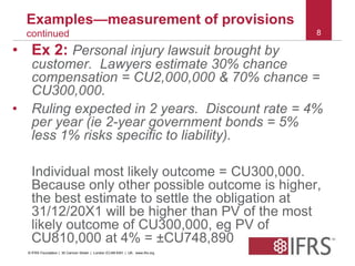 8 
Examples—measurement of provisions 
continued 
• Ex 2: Personal injury lawsuit brought by 
customer. Lawyers estimate 30% chance 
compensation = CU2,000,000 & 70% chance = 
CU300,000. 
• Ruling expected in 2 years. Discount rate = 4% 
per year (ie 2-year government bonds = 5% 
less 1% risks specific to liability). 
Individual most likely outcome = CU300,000. 
Because only other possible outcome is higher, 
the best estimate to settle the obligation at 
31/12/20X1 will be higher than PV of the most 
likely outcome of CU300,000, eg PV of 
CU810,000 at 4% = ±CU748,890 
© IFRS Foundation | 30 Cannon Street | London EC4M 6XH | UK. www.ifrs.org 
 