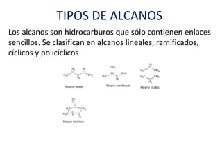TIPOS DE ALCANOS 
Los alcanos son hidrocarburos que sólo contienen enlaces 
sencillos. Se clasifican en alcanos lineales, ramificados, 
cíclicos y policíclicos. 
 