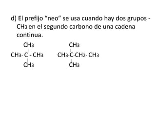 d) El prefijo “neo” se usa cuando hay dos grupos - 
CH3 en el segundo carbono de una cadena 
continua. 
CH3 CH3 
CH3- C - CH3 CH3-C-CH2- CH3 
CH3 CH3 
neopentano neohexano 
 